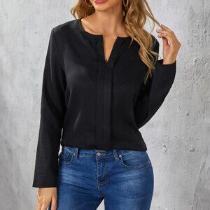 Black Notched Neck Long Sleeve Top
